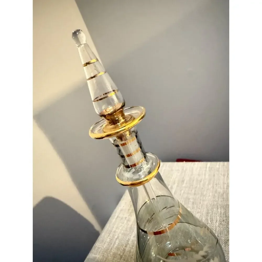 ✨ Vintage Iridescent Glass Bottle w/ Stopper Gold Trim | 9” Tall ✨